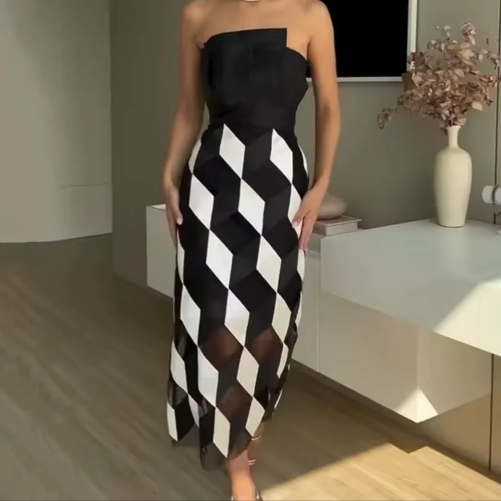 Midi Dress Women Fashion Sleeveless Tube Nipped Waist Contrast Multifaceted Prin - Picture 3 of 6